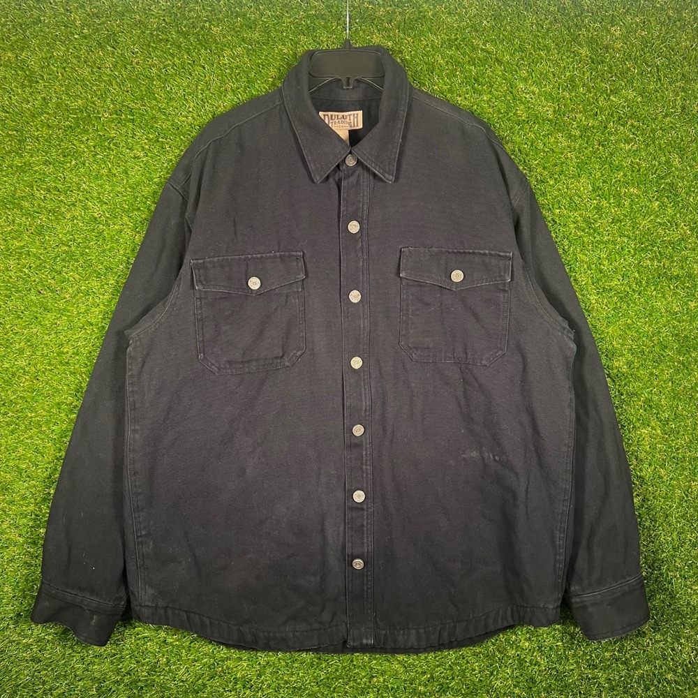 Duluth Trading Co Mens Large Black Canvas Fleece Lined Shirt Jacket Workwear